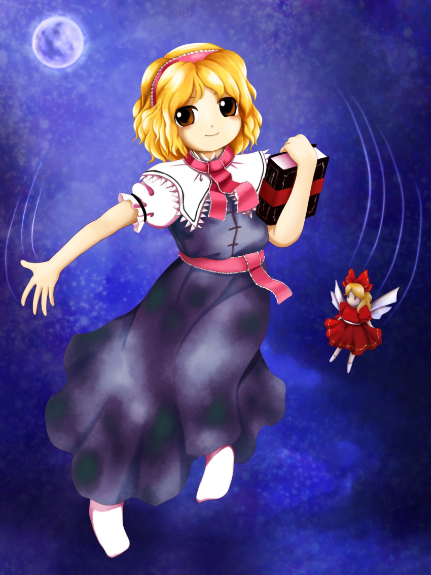 2girls alice_margatroid bangs blonde_hair blue_background book bow brown_eyes closed_mouth commentary_request doll dress full_body full_moon grimoire_of_alice hair_bow hairband highres holding holding_book long_dress looking_at_viewer medium_hair moon motion_lines multiple_girls neck_ribbon no_shoes parasite_oyatsu puffy_short_sleeves puffy_sleeves purple_dress red_bow red_dress red_hairband red_ribbon ribbon shanghai_doll short_sleeves smile socks touhou white_socks wings zun_(style)