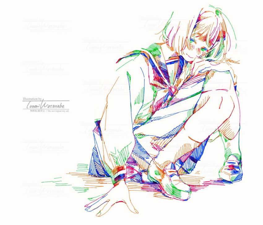 1girl artist_name bangs colorful commentary_request full_body hatching_(texture) head_rest highres knees_together_feet_apart knees_up long_sleeves looking_at_viewer neckerchief original pen_(medium) pleated_skirt sailor_collar sailor_shirt school_uniform serafuku shirt shoes short_hair signature simple_background sitting skirt socks solo traditional_media watanabe_tomari watermark white_background