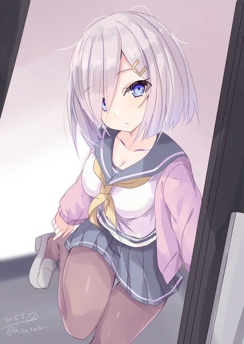 1girl absurdres blue_eyes blue_sailor_collar blue_skirt breasts brown_pantyhose cardigan closed_mouth collarbone gloves grey_hair hair_ornament hair_over_one_eye hairclip hamakaze_(kancolle) highres hizaka indoors kantai_collection large_breasts looking_at_viewer neckerchief one-hour_drawing_challenge open_cardigan open_clothes pantyhose pink_cardigan pleated_skirt sailor_collar school_uniform serafuku short_hair skirt sliding_doors solo twitter_username white_gloves yellow_neckerchief
