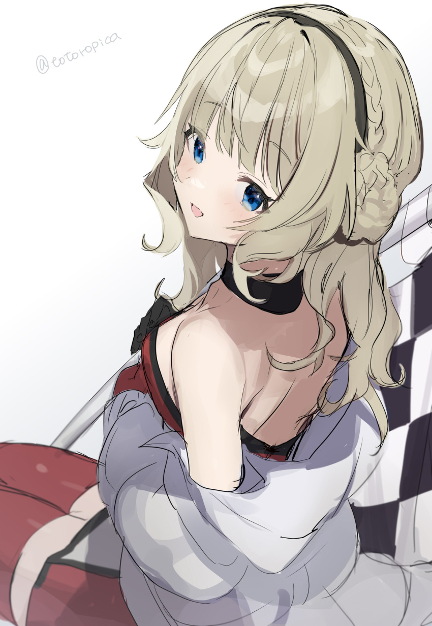 blonde_hair boots braid checkered_flag choker cropped_jacket flag hair_bun hairband highres holding holding_flag kantai_collection light_brown_hair looking_at_viewer looking_back official_alternate_costume picoli1313 racequeen ranger_(kancolle) red_thighhighs side_braids single_side_bun sitting thigh-highs thigh_boots twitter_username two-tone_dress