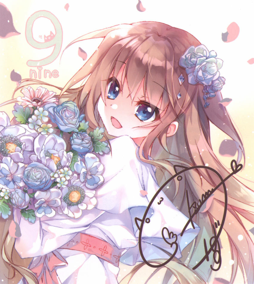 1girl 9-nine- absurdres bangs blue_eyes blue_flower blue_rose bouquet capelet cat copyright_name crystal_hair_ornament dress eyelashes falling_petals flower gradient_background hair_between_eyes hair_flower hair_ornament hair_spread_out happy heart highres holding holding_bouquet izumi_tsubasu kujou_miyako light_brown_hair light_particles long_hair long_sleeves official_art open_mouth petals red_sash rose sash scan shikishi sidelocks signature simple_background smile solo third-party_edit upper_body very_long_hair wavy_hair white_capelet white_dress yellow_background