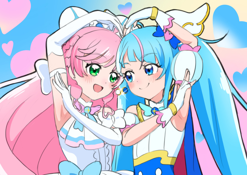 2girls ahoge arm_up armband armpits ascot bangs blue_bow blue_cape blue_dress blue_eyes blue_hair blush bow braid cape closed_mouth commentary cure_prism cure_sky cut_bangs dress earrings elbow_gloves gloves green_eyes hair_bow hair_ornament heart hirogaru_sky!_precure jewelry long_hair looking_at_another magical_girl multicolored_hair multiple_girls nijigaoka_mashiro open_mouth pink_hair precure side-by-side sleeveless sleeveless_dress smile sora_harewataru streaked_hair symmetrical_hand_pose tiler_(tiler00) twin_braids twintails two-tone_hair white_ascot white_bow white_dress white_gloves