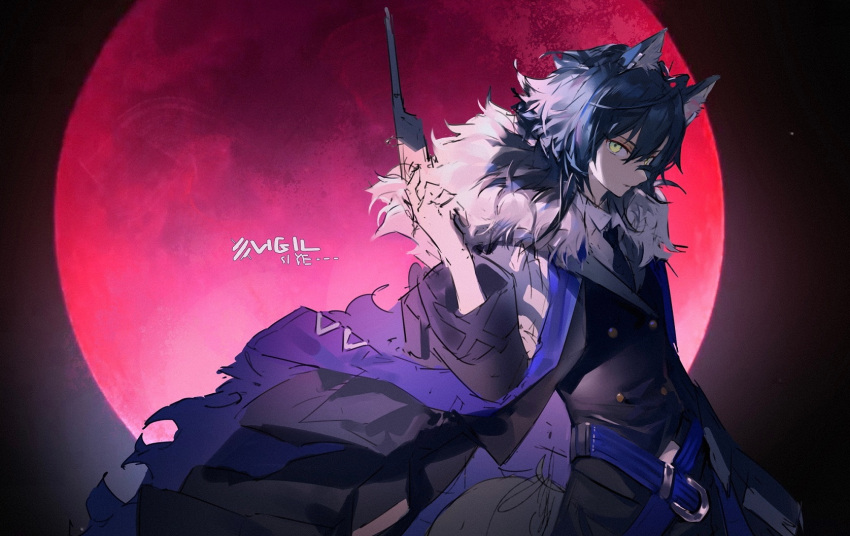 1boy animal_ear_fluff animal_ears arknights bangs black_jacket black_necktie closed_mouth collared_shirt full_moon fur-trimmed_jacket fur_trim green_eyes hair_between_eyes hand_up highres holding jacket kagura_tohru long_sleeves looking_at_viewer moon necktie open_clothes open_jacket parted_lips red_moon shirt solo vigil_(arknights) white_shirt