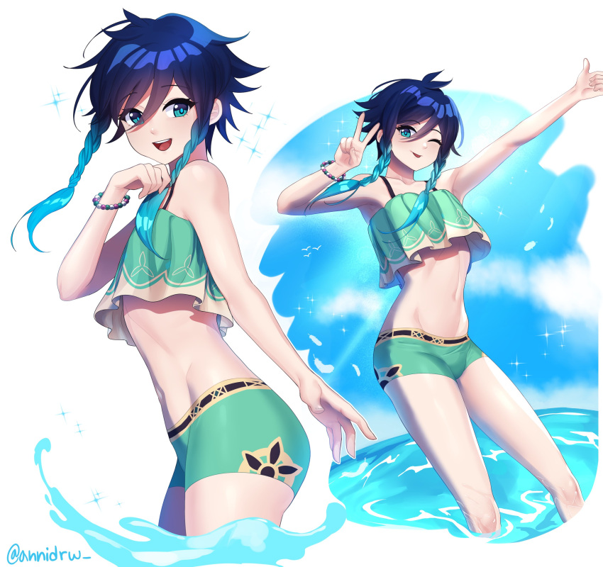 1boy ;p absurdres alternate_costume androgynous annidrw bangs bikini black_hair blue_eyes blue_hair bracelet braid commentary english_commentary genshin_impact gradient_hair green_bikini highres in_water jewelry male_focus multicolored_hair one_eye_closed open_mouth otoko_no_ko short_hair_with_long_locks smile solo sparkle swimsuit thumbs_up tongue tongue_out twin_braids v venti_(genshin_impact)