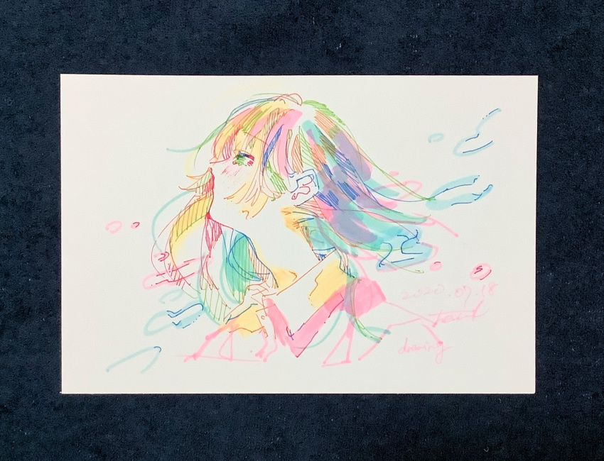 1girl absurdres bangs collared_shirt colorful dated floating_hair from_side hatching_(texture) highres long_hair looking_up marker_(medium) original pen_(medium) portrait profile shirt signature simple_background solo tears traditional_media watanabe_tomari water_drop white_background