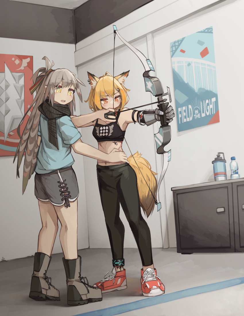2girls abs absurdres alternate_costume animal_ears arknights arrow_(projectile) bird_girl boots bottle bow_(weapon) brown_footwear english_text fartooth_(arknights) feather_hair fox_ears fox_girl fox_tail highres infection_monitor_(arknights) multiple_girls oripathy_lesion_(arknights) poster_(object) red_footwear shoes shorts sneakers tail teaching togekk0 vermeil_(arknights) water_bottle weapon