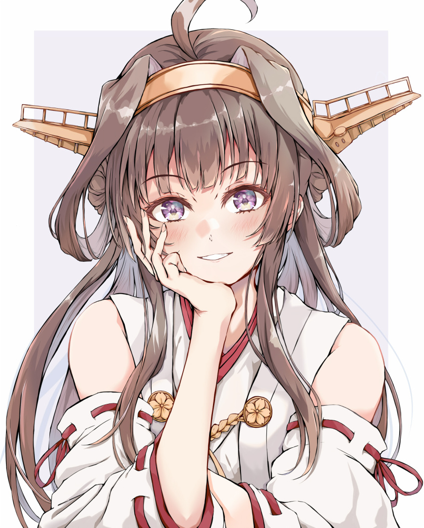 1girl ahoge bare_shoulders blush brown_hair dairyo3 detached_sleeves double_bun fingernails grin hair_bun hand_on_own_cheek hand_on_own_face highres japanese_clothes kantai_collection kongou_(kancolle) kongou_kai_ni_(kancolle) long_hair looking_at_viewer nontraditional_miko ribbon-trimmed_sleeves ribbon_trim sidelocks smile solo upper_body violet_eyes white_sleeves wide_sleeves