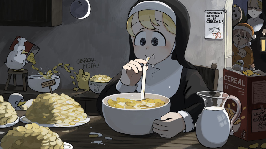 3girls barn_owl bendy_straw bird blonde_hair bowl brown_hair catholic cereal_box chicken clumsy_nun_(diva) commentary corn_flakes cupboard diva_(hyxpk) doorway drinking drinking_straw duck duckling english_commentary glasses_nun_(diva) grumpy_nun_(diva) habit highres lantern little_nuns_(diva) milk mole mole_on_cheek multiple_girls nun orange_headwear orange_pajamas owl pajamas peeking pitcher_(container) plate poster_(object) pouring scowl sleeping star_ornament typo writing_on_wall