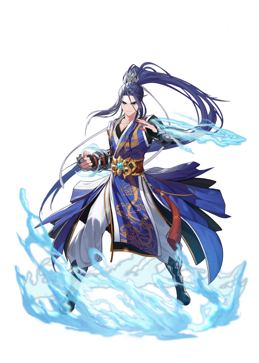 1boy absurdres artist_request black_gloves blue_eyes blue_footwear blue_hair boots character_request chinese_clothes closed_mouth dark_blue_hair fingerless_gloves full_body gloves guardian_tales hanfu highres knee_boots long_hair looking_at_viewer male_focus pants ponytail simple_background solo standing tassel transparent_background vambraces white_pants
