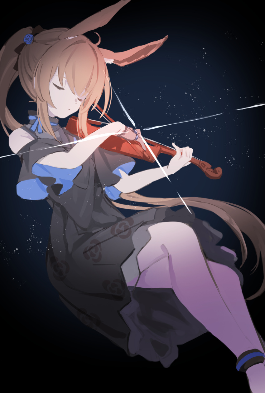 1girl ambience_synesthesia amiya_(arknights) animal_ear_fluff animal_ears anklet arknights bare_shoulders black_background black_dress brown_hair closed_eyes closed_mouth cy_fros dress feet_out_of_frame gradient_background highres instrument jewelry long_hair music official_alternate_costume playing_instrument ponytail rabbit_ears solo violin