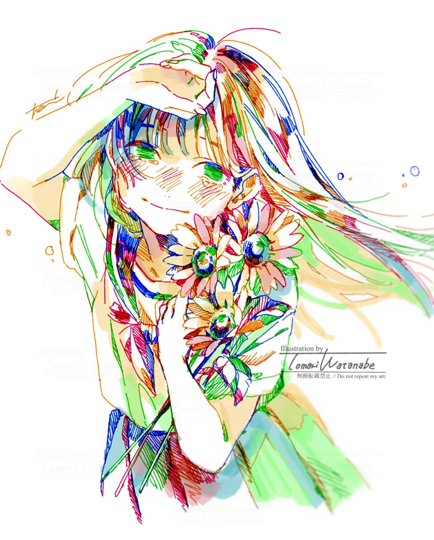 1girl arm_up artist_name bangs closed_mouth colorful commentary_request cowboy_shot crying crying_with_eyes_open floating_hair flower highres holding holding_flower long_hair looking_at_viewer marker_(medium) neckerchief original pen_(medium) pleated_skirt sailor_collar sailor_shirt school_uniform serafuku shirt short_sleeves signature simple_background skirt solo standing sunflower tears traditional_media watanabe_tomari watermark white_background