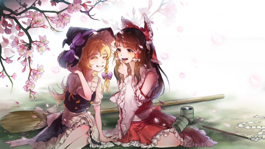 2girls :d arm_support black_headwear black_skirt black_vest blonde_hair blush bow braid broom brown_hair cherry_blossoms chinese_commentary closed_eyes collared_shirt commentary_request cup detached_sleeves facing_another frilled_bow frilled_hair_tubes frilled_shirt_collar frilled_skirt frills gohei grin hair_bow hair_tubes hakurei_reimu hat hat_bow highres holding_hands kirisame_marisa long_hair looking_at_another multiple_girls open_mouth puffy_short_sleeves puffy_sleeves purple_bow qingqing red_bow red_skirt red_vest shirt short_sleeves sidelocks single_braid sitting skirt skirt_set smile teeth touhou upper_teeth_only vest white_shirt white_sleeves wide_sleeves witch_hat yokozuwari yunomi