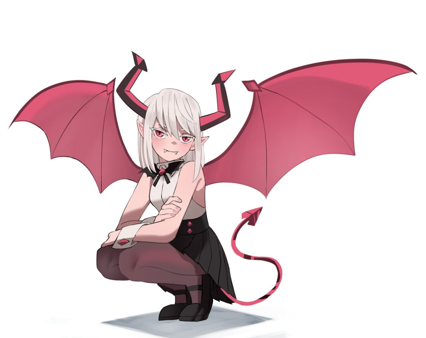 1girl bangs bare_shoulders bat_bowtie bat_wings black_footwear black_skirt bow bowtie breasts closed_mouth colored_eyelashes demon_girl demon_horns demon_tail fangs fangs_out full_body hair_between_eyes horns jourd4n looking_at_viewer medium_breasts medium_hair original pantyhose pointy_ears rayzel_(jourd4n) red_eyes shirt simple_background skirt sleeveless sleeveless_shirt slit_pupils smile solo squatting tail white_background white_hair wings wrist_cuffs