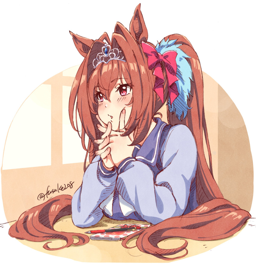 1girl animal_ears bangs blue_shirt blush breasts brown_hair daiwa_scarlet_(umamusume) elbow_rest fuusuke_(fusuke208) hair_intakes hands_on_own_face highres horse_ears long_hair long_sleeves mechanical_pencil medium_breasts notebook own_hands_together parted_lips pencil red_eyes revision sailor_collar school_uniform shirt sitting solo table tiara tracen_school_uniform twintails twintails_day twitter_username umamusume upper_body very_long_hair