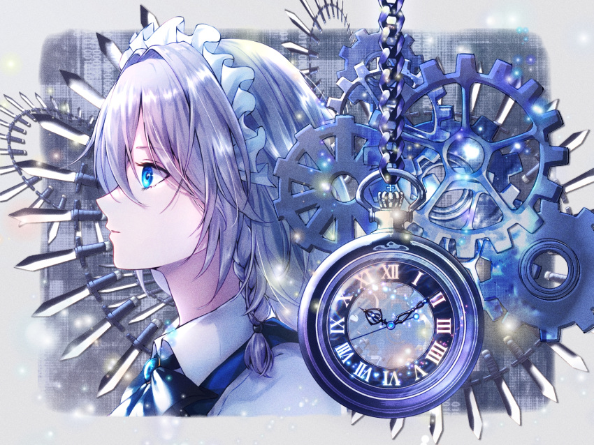 1girl akane_(a_reddam) analog_clock blue_eyes border bow braid chain clock commentary_request cropped_torso danmaku expressionless from_side gears highres izayoi_sakuya knife light_particles long_hair looking_ahead maid_headdress parted_lips partial_commentary pocket_watch profile revision roman_numeral solo throwing_knife touhou upper_body watch weapon