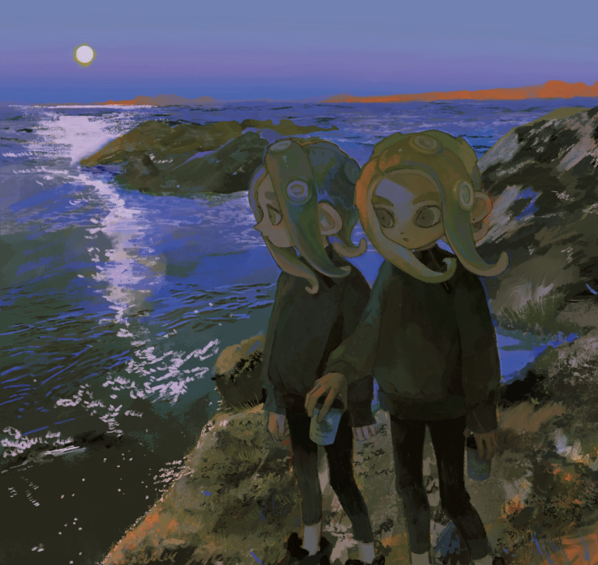 1boy 1girl azigashimitoru black_footwear black_leggings black_sweater blonde_hair blue_sky cup dot_nose empty_eyes feet_out_of_frame flipped_hair floating_hair giving hand_up highres holding holding_cup horizon leggings long_sleeves looking_ahead looking_at_another looking_to_the_side ocean octarian octoling octoling_boy octoling_girl open_mouth orange_eyes outdoors rock shoes shore sidelighting sidelocks sky sneakers splatoon_(series) standing suction_cups sun sweater tentacle_hair thick_eyebrows twilight waves yellow_eyes