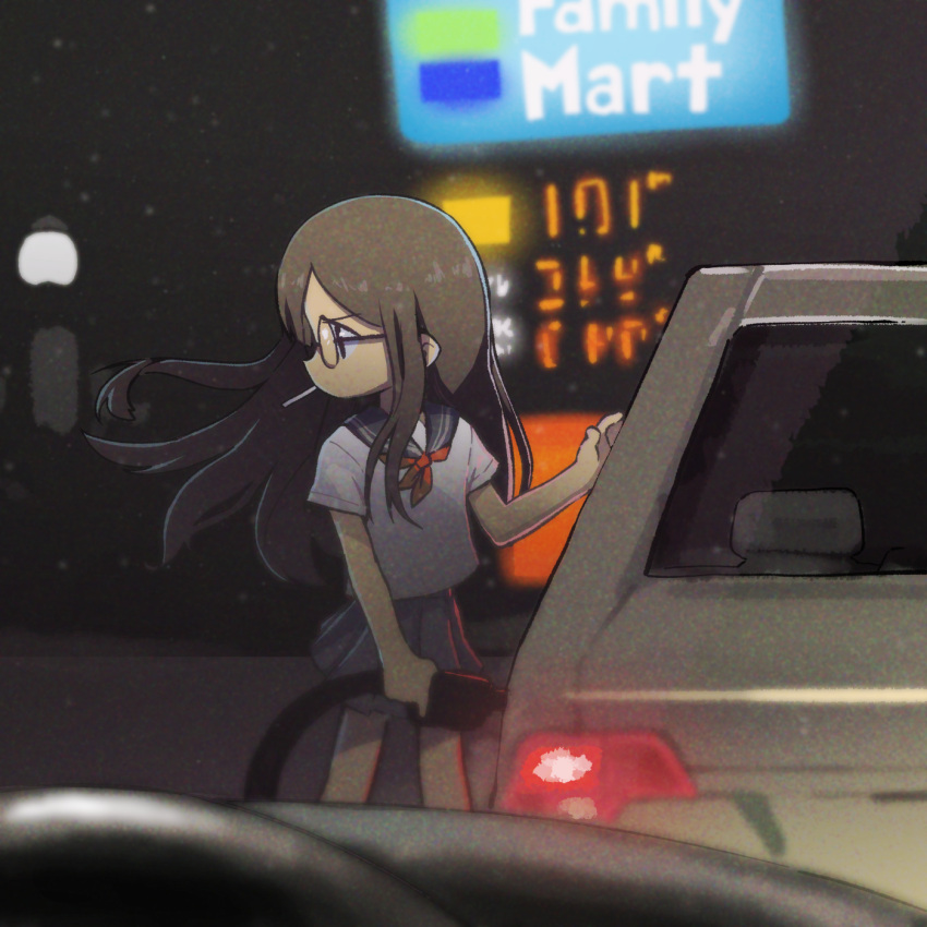 1girl brown_eyes brown_hair car cigarette commentary english_commentary floating_hair gas_station glasses ground_vehicle highres long_hair meme motor_vehicle neckerchief night orenji_(wholesomeorenji) original outdoors photo-referenced pleated_skirt profile red_neckerchief refueling school_uniform shirt short_sleeves skirt smoking solo white_shirt wind with_a_car_you_can_go_anywhere_you_want_(meme)