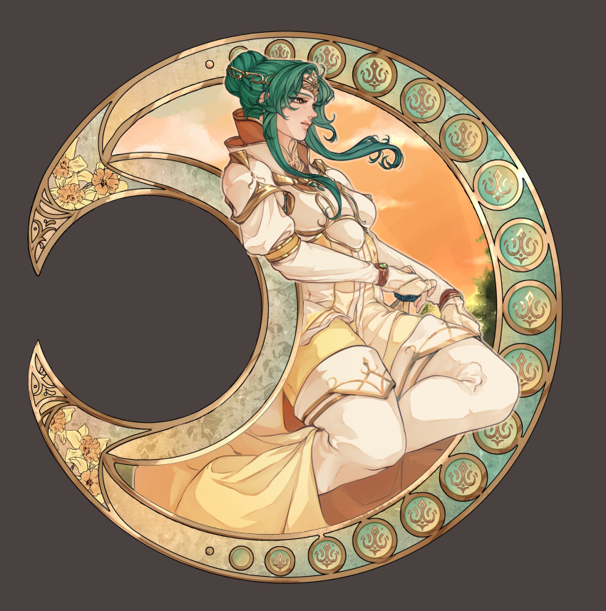 1girl absurdres armor bangs breastplate brown_eyes cape circular_border crescent_moon dress elbow_gloves elincia_ridell_crimea fire_emblem fire_emblem:_path_of_radiance fire_emblem:_radiant_dawn gloves green_hair hair_bun highres iaurencin leggings long_hair moon single_hair_bun solo thick_thighs thigh-highs thighs tiara white_gloves white_thighhighs