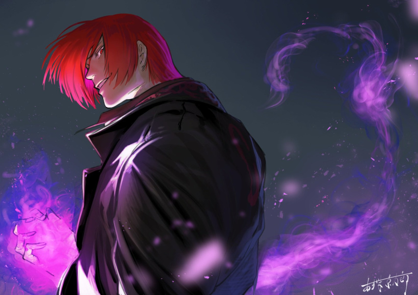 1boy azuma_kyoutarou_(artist) black_background black_jacket commentary fire highres jacket looking_at_viewer male_focus parted_lips purple_fire pyrokinesis red_eyes redhead short_hair signature solo the_king_of_fighters the_king_of_fighters_xv upper_body yagami_iori