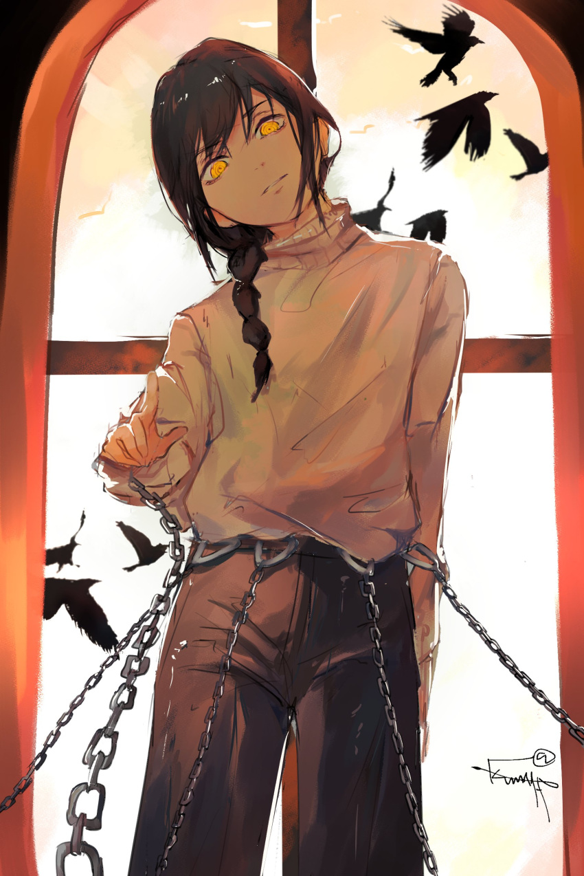 1girl absurdres bird black_hair braid braided_ponytail chain chain_leash chainsaw_man crow head_tilt highres kumah_dessu leash leash_belt looking_at_viewer medium_hair nayuta_(chainsaw_man) pointing pointing_at_viewer ringed_eyes signature solo sweater sweater_tucked_in white_sweater window yellow_eyes