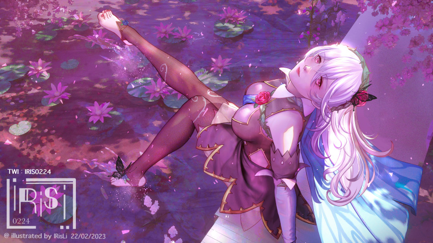1girl absurdres bangs bare_shoulders barefoot blue_cape breasts butterfly_hair_ornament cape clothing_cutout corrin_(female)_(fire_emblem) corrin_(fire_emblem) crown_of_thorns detached_sleeves fire_emblem fire_emblem_fates fire_emblem_heroes flower hair_flower hair_ornament highres irisl lily_pad long_hair looking_at_viewer medium_breasts official_alternate_costume pink_eyes pond scenery sitting solo thigh-highs white_hair