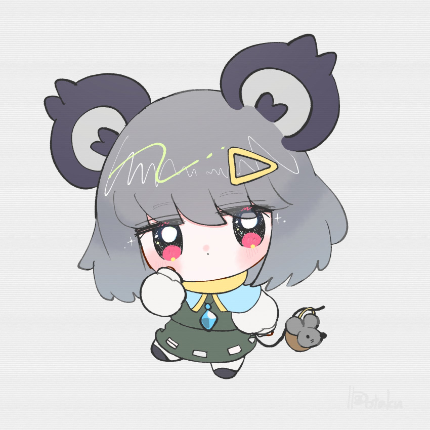 1girl animal_ears bangs basket blush capelet chibi commentary dotaku_(wran8845) grey_hair hand_up heart highres holding holding_with_tail jewelry long_sleeves looking_at_viewer mouse mouse_ears mouse_tail nazrin prehensile_tail puffy_long_sleeves puffy_sleeves sleeves_past_wrists standing standing_on_one_leg striped striped_background tail touhou