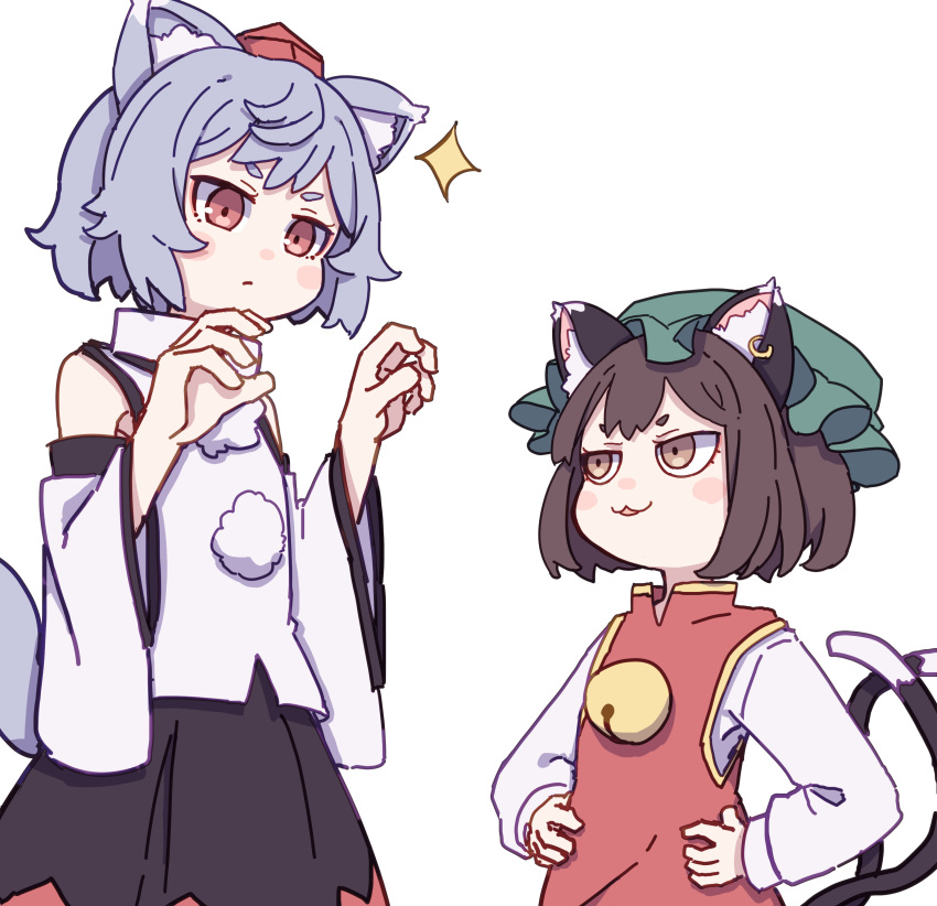 2girls :3 absurdres animal_ears bare_shoulders black_skirt blush_stickers brown_eyes brown_hair cat_ears cat_tail chen closed_mouth detached_sleeves dress earrings green_headwear grey_hair hands_on_hips hat highres inubashiri_momiji japanese_clothes jewelry kame_(kamepan44231) long_sleeves mob_cap multiple_girls multiple_tails one-hour_drawing_challenge open_mouth pom_pom_(clothes) red_dress red_eyes red_headwear shirt short_hair simple_background single_earring skirt sparkle tail tokin_hat touhou two_tails white_background white_shirt white_sleeves wide_sleeves wolf_ears wolf_tail