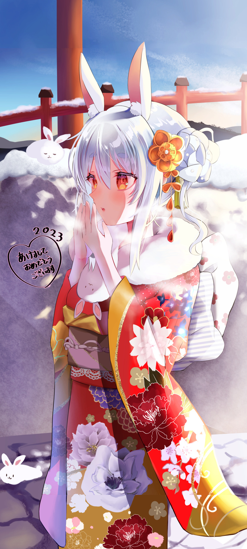 2023 absurdres adapted_costume akeome animal_ear_fluff animal_ears blush braid braided_bun breathing_on_hands double_bun floral_print from_side fur_scarf furisode hair_bun hair_ornament happy_new_year hatsumoude highres hololive japanese_clothes kanzashi kimono new_year official_alternate_costume official_alternate_hairstyle orange_eyes print_kimono rabbit rabbit_ears red_kimono shiori_(gotoo0226) shrine snow thick_eyebrows usada_pekora virtual_youtuber