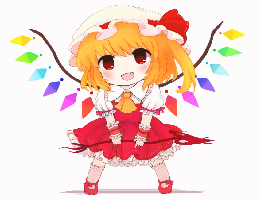 1girl ascot bangs blonde_hair blush bow chibi collared_shirt crystal dress fang flandre_scarlet footwear_bow frills full_body hair_between_eyes hat hat_ribbon holding holding_weapon laevatein_(touhou) looking_at_viewer mob_cap multicolored_wings one_side_up open_mouth pinafore_dress pink_bow pink_socks puffy_short_sleeves puffy_sleeves red_bow red_dress red_eyes red_footwear red_ribbon rei_(tonbo0430) ribbon shadow shirt shoes short_hair short_sleeves simple_background smile socks solo standing tongue touhou weapon white_background white_headwear white_shirt wings wrist_cuffs yellow_ascot