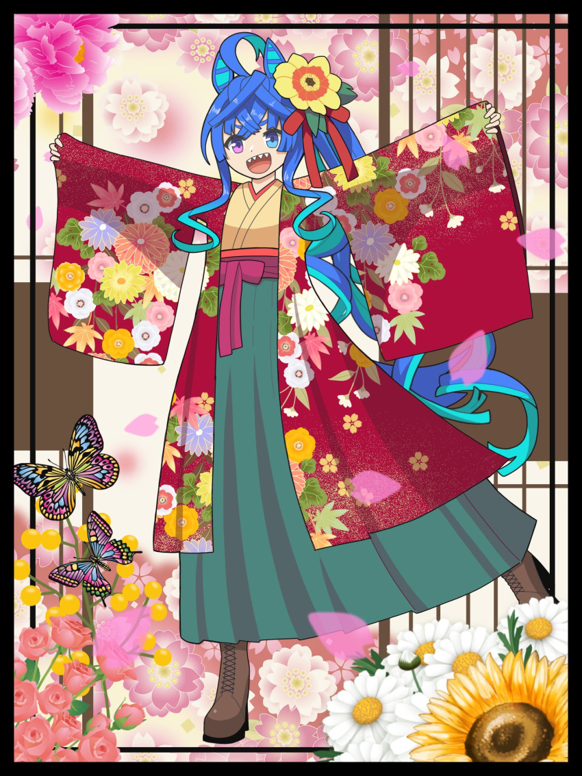1girl ahoge alternate_costume alternate_hairstyle animal_ears blue_eyes blue_hair boots brown_footwear bug butterfly cherry_blossoms flat_chest floral_print flower full_body gradient_hair green_hakama hair_flower hair_ornament hakama haori heterochromia highres horse_ears horse_girl horse_tail jacket japanese_clothes kimono kudan_(kudan4429) long_hair long_sleeves multicolored_hair open_clothes open_jacket open_mouth outstretched_arms rose sash sharp_teeth side_ponytail smile solo spread_arms sunflower tail teeth twin_turbo_(umamusume) umamusume upper_teeth_only violet_eyes wide_sleeves yellow_kimono