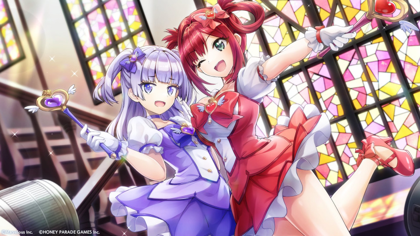 2girls asymmetrical_docking breast_press breasts collar dolphin_wave frilled_skirt frills gloves green_eyes hair_ribbon hair_rings high_heels high_ponytail highres leg_up long_hair magical_girl medium_breasts multiple_girls official_art one_eye_closed ootomo_takuji puffy_short_sleeves puffy_sleeves purple_hair redhead ribbon sakimiya_iruka schnee_weissberg short_sleeves skirt small_breasts stairs violet_eyes wand window