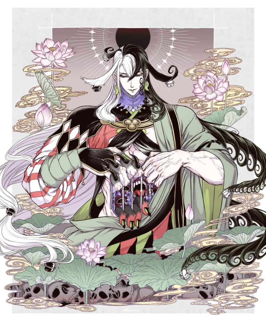 1boy ashiya_douman_(fate) asymmetrical_clothes asymmetrical_hair bell black_eyes black_hair curly_hair demon earrings extra_mouth eyeshadow fate/grand_order fate_(series) fingernails flower flower_request green_eyeshadow green_kimono green_lips green_nails hair_bell hair_between_eyes hair_intakes hair_ornament highres japanese_clothes jewelry kimono kinuttta large_hands lily_(flower) long_hair looking_at_viewer magatama magatama_earrings makeup male_focus monster multicolored_hair open_clothes open_kimono pink_flower plant prison ribbed_sleeves sharp_fingernails skull smile solo toned toned_male two-tone_hair veins veiny_arms very_long_fingernails very_long_hair white_hair