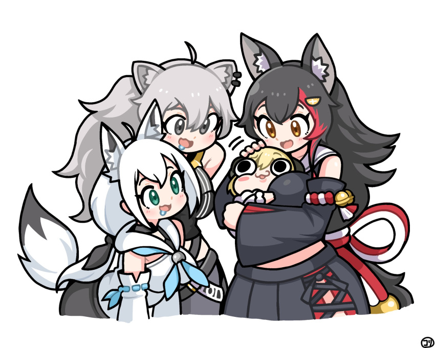 ahoge animal_ear_fluff animal_ears aqua_eyes bangs black_hair black_ribbon black_serafuku black_shirt black_skirt blonde_hair blue_neckerchief braid breasts choker cropped_shirt curled_horns detached_sleeves ear_piercing earrings fox_ears fox_girl fox_tail grey_eyes grey_hair hair_between_eyes hair_flaps hair_ribbon highres hololive hood hoodie horns jewelry koritama large_breasts lion_ears lion_girl long_hair low_ponytail messy_hair miniskirt multicolored_hair neckerchief necktie ookami_mio piercing pleated_skirt red_choker red_neckerchief red_necktie redhead ribbon sailor_collar school_uniform serafuku sheep_horns shirakami_fubuki shirt shishiro_botan side_braid side_slit sidelocks single_braid single_earring skirt sleeveless sleeveless_shirt spiky_hair streaked_hair tail tsunomaki_watame two_side_up very_long_hair virtual_youtuber white_hair white_hoodie white_sailor_collar white_sleeves wolf_ears wolf_girl yellow_eyes