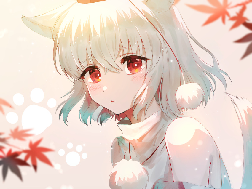 animal_ear_fluff animal_ears autumn_leaves blush detached_sleeves hat highres inubashiri_momiji leaf paw_print pom_pom_(clothes) red_eyes red_headwear rin_(rin7kan7) short_hair sweater sweater_vest tail tokin_hat touhou turtleneck white_fur white_hair white_sweater white_sweater_vest wolf_ears wolf_girl wolf_paws wolf_tail