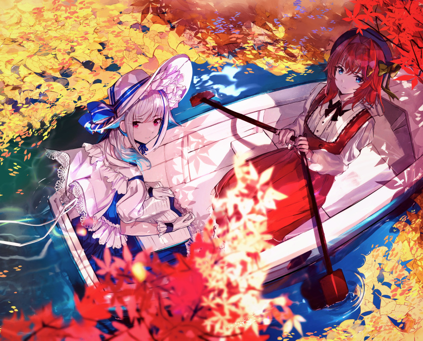 2girls absurdres afloat ange_katrina autumn_leaves beret black_headwear blue_dress blue_eyes blue_hair blush boat book bow capelet collared_shirt dress frilled_gloves frills gloves hair_flaps hair_intakes hat highres holding holding_paddle leaf lize_helesta long_hair looking_at_viewer looking_back maple_leaf medium_hair multicolored_hair multiple_girls nijisanji open_book paddle pinafore_dress pleated_shirt red_dress redhead reflection ripples rowing ruopuyuan-ry shirt short_sleeves sitting smile streaked_hair violet_eyes virtual_youtuber water watercraft white_capelet white_gloves white_hair white_headwear white_shirt yellow_bow