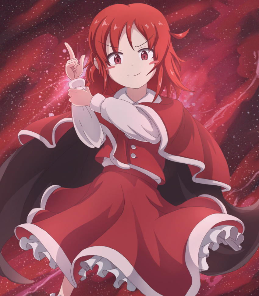 1girl absurdres bangs black_cape bow bowtie buttons cape finger_gun frilled_skirt frills gurina_15 highres long_braid long_hair long_sleeves looking_at_viewer okazaki_yumemi red_bow red_bowtie red_cape red_eyes red_skirt red_vest redhead shirt skirt solo touhou touhou_(pc-98) two-tone_cape upper_body vest white_shirt
