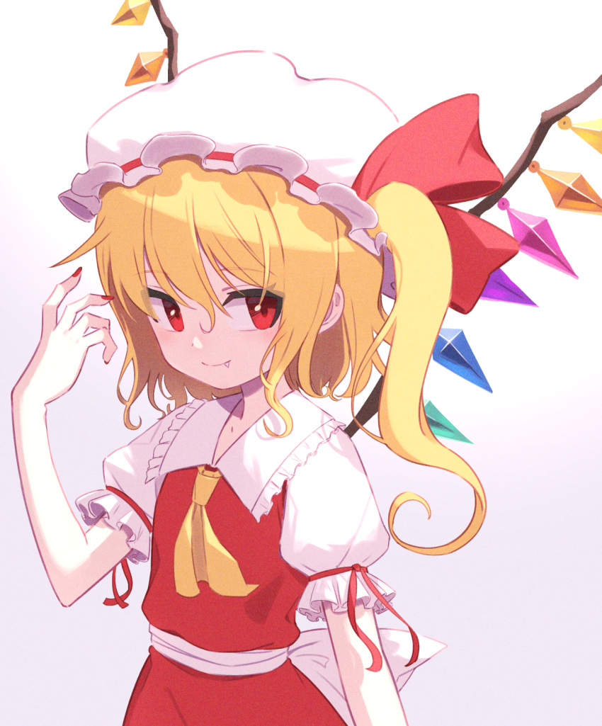 1girl ascot bangs blonde_hair closed_mouth commentary crystal fang fingernails flandre_scarlet hair_between_eyes hat highres long_hair mob_cap nail_polish puffy_short_sleeves puffy_sleeves red_eyes red_nails red_skirt red_vest revision shimizu_tomoki short_sleeves side_ponytail skirt smile solo touhou upper_body vest white_headwear wings yellow_ascot