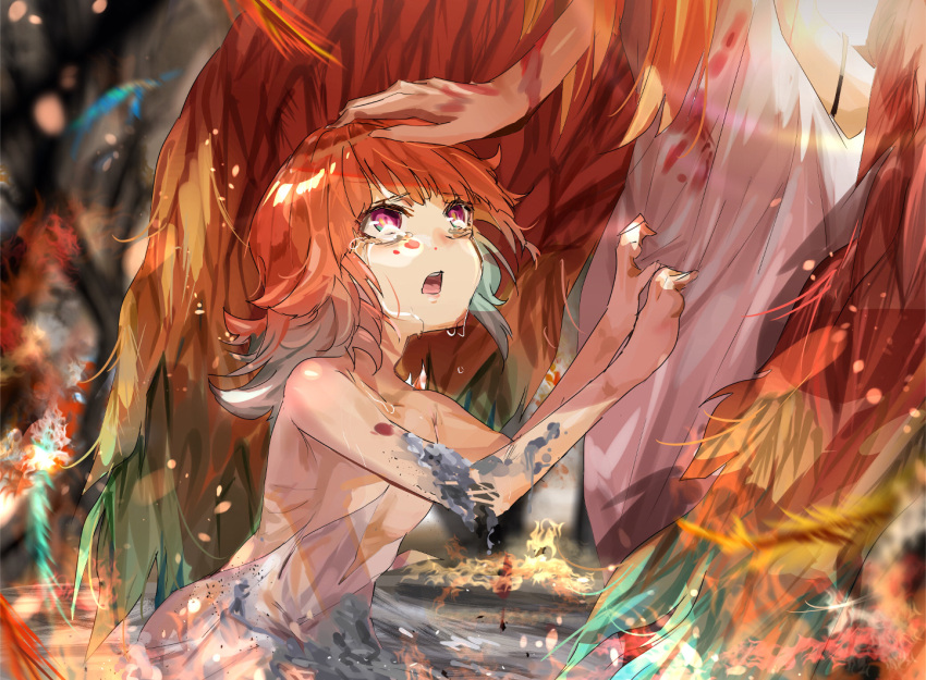 2girls ashes bare_shoulders blood child commentary_request dress female_child fire funi_mu9 gradient_hair green_hair hololive hololive_english long_hair mamatori multicolored_hair multiple_girls open_mouth orange_hair petting red_eyes takanashi_kiara tears virtual_youtuber white_dress wings