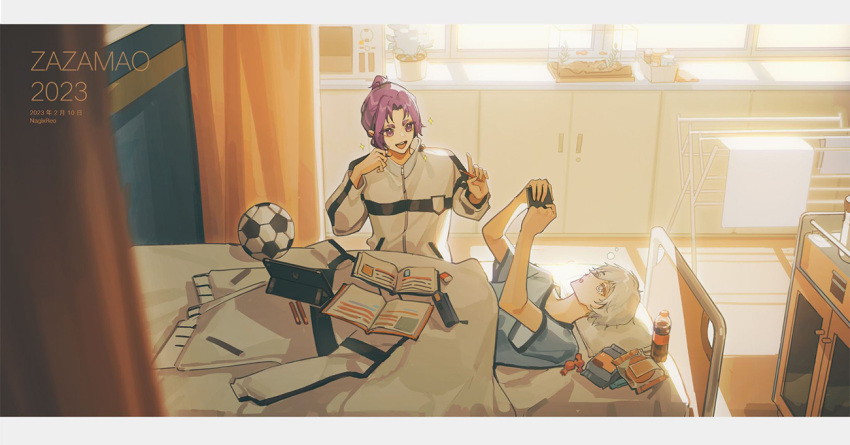 2boys ball bed blue_lock book dated day eraser grey_eyes hair_between_eyes holding holding_pencil indoors jacket lying mikage_reo multiple_boys nagi_seishirou on_back open_book pencil pencil_case purple_hair short_sleeves snack soccer_ball soda sunlight tablet_pc towel_rack violet_eyes white_hair white_jacket window window_shade wrapped_candy zamao_(zaza)