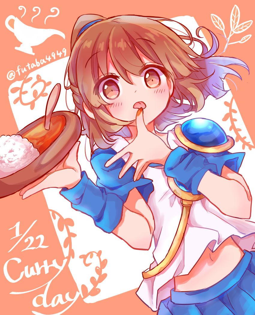 1girl absurdres arle_nadja bangs blue_skirt blush brown_eyes brown_hair curry curry_rice food futaba969649 highres holding holding_food licking licking_finger looking_at_viewer plant ponytail puyopuyo rice shirt skirt solo tongue tongue_out white_shirt