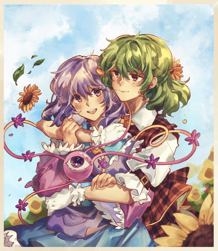 2girls :d bangs blue_sky closed_mouth commentary english_commentary field flower flower_field green_hair highres hug kabocha1408 kazami_yuuka komeiji_satori long_sleeves looking_at_another looking_at_viewer multiple_girls open_mouth outdoors plaid plaid_vest purple_hair red_eyes red_vest shirt short_hair sky smile sunflower third_eye touhou vest violet_eyes white_shirt