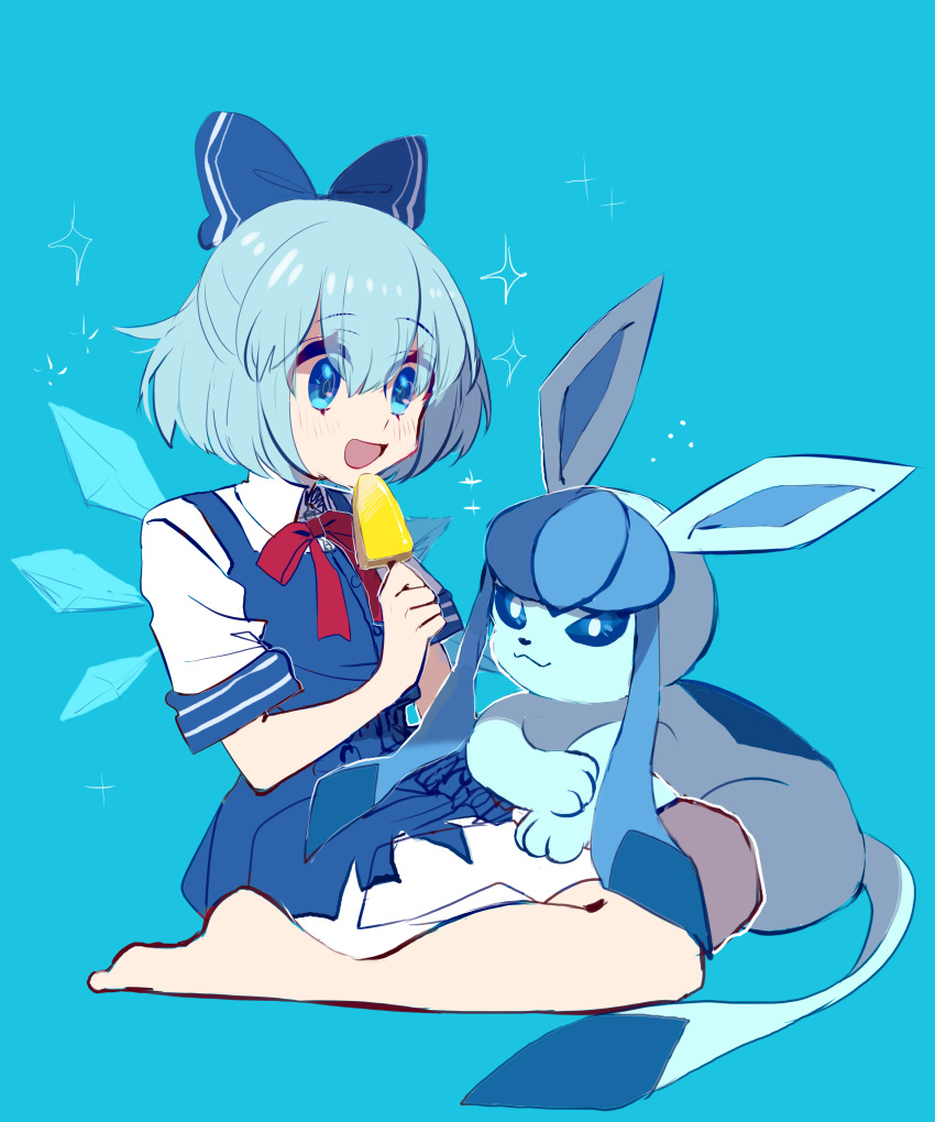 1girl 1other absurdres blue_bow blue_dress blue_eyes blue_hair blurry blurry_background blush bow cirno crossover dress fairy food hair_bow highres holding holding_food ice ice_wings kneeling open_mouth pokemon popsicle shocho_(shaojiujiu) short_hair touhou wings