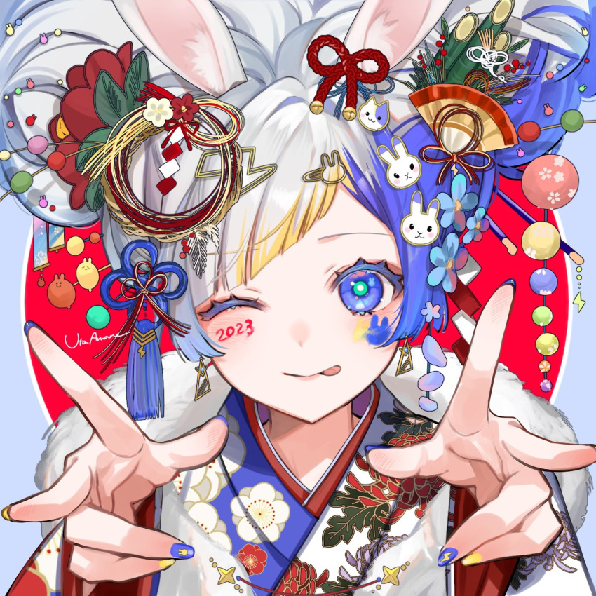 1girl :p amane_uta animal_ears artist_name blonde_hair blue_eyes blue_hair blue_nails cat_hair_ornament closed_mouth double_w earrings facepaint flower_knot green_pupils hair_ornament hands_up highres japanese_clothes jewelry kimono multicolored_hair nail_polish one_eye_closed original portrait rabbit_ears rabbit_hair_ornament short_hair solo tongue tongue_out w white_hair yellow_nails