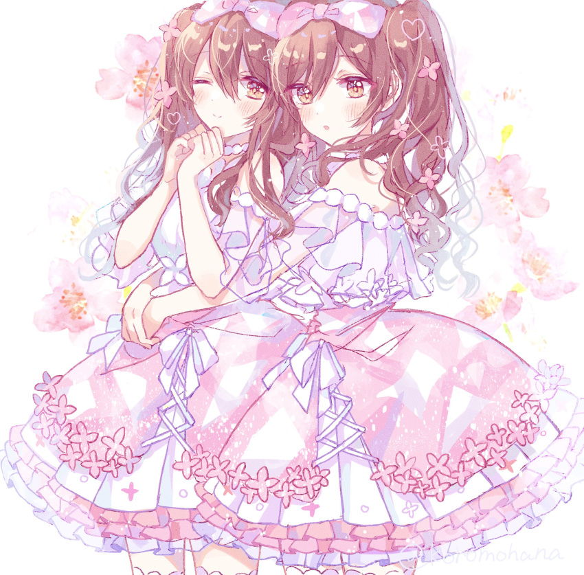 2girls absurdres bangs bare_shoulders blush closed_mouth commentary dress frilled_dress frills hair_between_eyes hair_ribbon hanai_yuyu highres hug hug_from_behind idolmaster idolmaster_shiny_colors long_hair looking_at_viewer multiple_girls official_alternate_costume official_alternate_hairstyle one_eye_closed open_mouth osaki_amana osaki_tenka redhead ribbon siblings sisters smile swept_bangs symbol-only_commentary twins twintails wavy_hair white_dress yellow_eyes