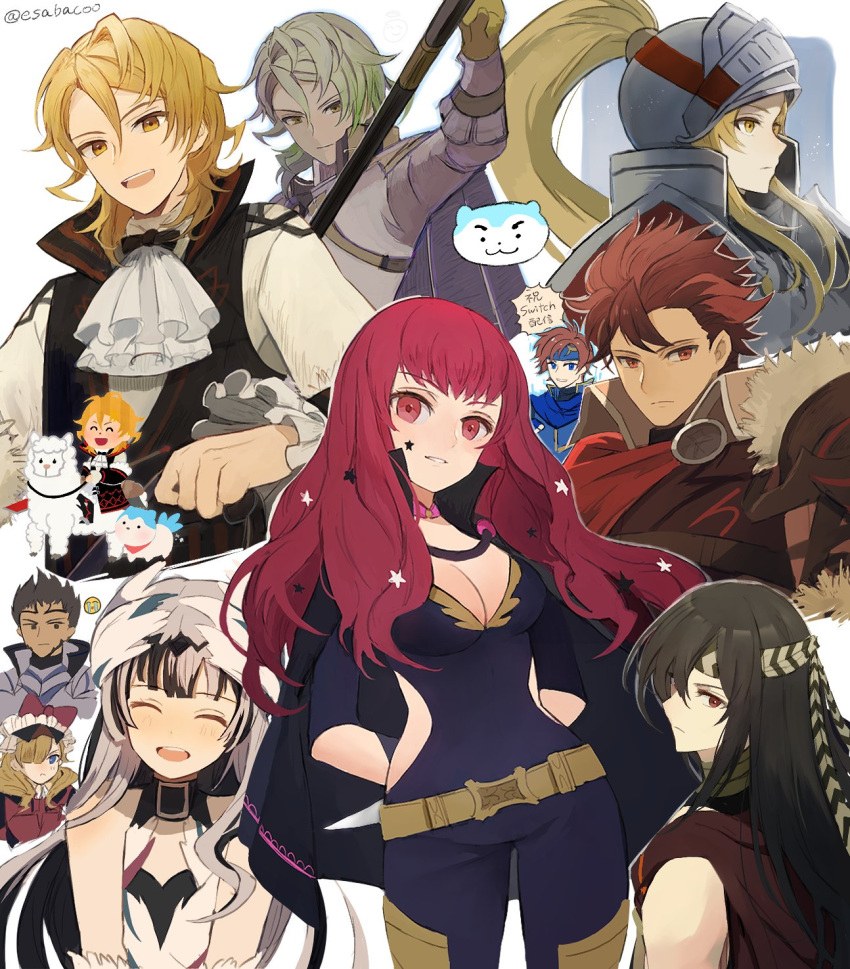 alpaca amber_(fire_emblem) armor ascot bare_shoulders black_cape black_choker black_collar black_hair black_vest blonde_hair breasts brown_hair cape choker collar collared_shirt crying_emoji dancer diamant_(fire_emblem) dragon_girl emoji facial_mark fire_emblem fire_emblem_engage frilled_shirt frills full_armor fur_collar fusion gloves hair_ornament highres holding holding_polearm holding_weapon jade_(fire_emblem) large_breasts leaf_(esabacoo) long_hair looking_at_viewer looking_to_the_side marni_(fire_emblem) mauvier_(fire_emblem) medium_hair multiple_boys multiple_girls polearm ponytail red_cape red_eyes redhead roy_(fire_emblem) seadall_(fire_emblem) shirt short_hair shoulder_armor smile sommie_(fire_emblem) spear speech_bubble star_(symbol) star_hair_ornament twitter_username vest veyle_(fire_emblem) weapon white_collar white_gloves white_hair yellow_eyes yunaka_(fire_emblem)