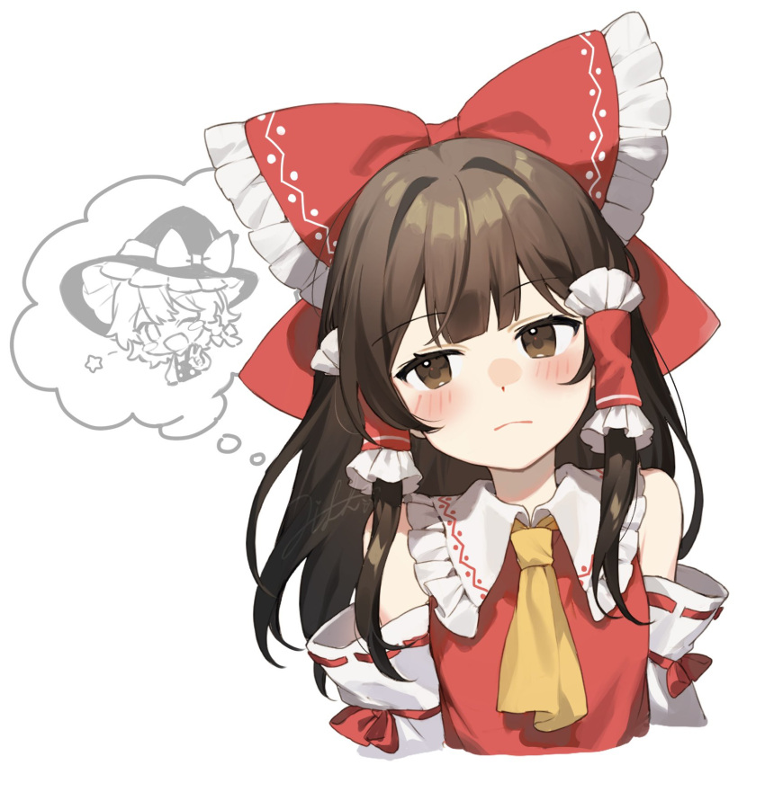 1girl ascot bangs bow brown_eyes brown_hair closed_mouth detached_sleeves hair_bow hair_tubes hakurei_reimu highres jill_07km kirisame_marisa looking_at_viewer medium_hair red_bow sidelocks simple_background solo solo_focus thought_bubble touhou upper_body white_background yellow_ascot