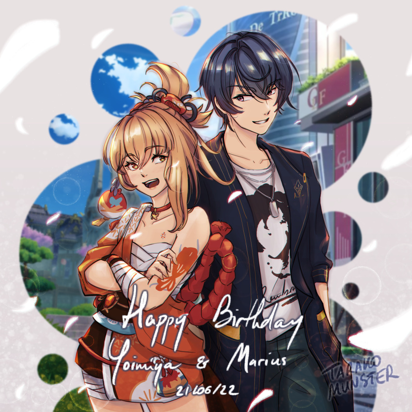 1boy 1girl :d artist_name bangs birthday black_jacket blonde_hair blue_pants blue_sky character_name chest_sarashi choker clouds cloudy_sky collarbone company_connection crossed_arms crossover dog_tags genshin_impact grin happy_birthday highres jacket japanese_clothes kimono krita_(medium) looking_at_another marius_von_hagen_(tears_of_themis) mihoyo open_mouth orange_choker orange_kimono outdoors pants purple_hair sarashi shirt short_hair short_kimono sky smile tarakomunster tattoo tears_of_themis teeth violet_eyes white_shirt yellow_eyes yoimiya_(genshin_impact)