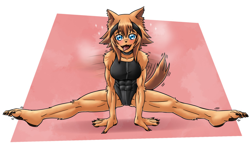 :3 abs animal_ears animal_hands athletic_leotard balancing blue_eyes breasts claws dog_ears dog_girl dot_nose excited exercise fangs full_body furry gymnastics happy headband highres leotard monster_girl monster_musume_no_iru_nichijou muscular muscular_female navel pawpads polt sandspire short_hair sparkle split straddle_hold tail tail_wagging thighs tongue tongue_out yoga