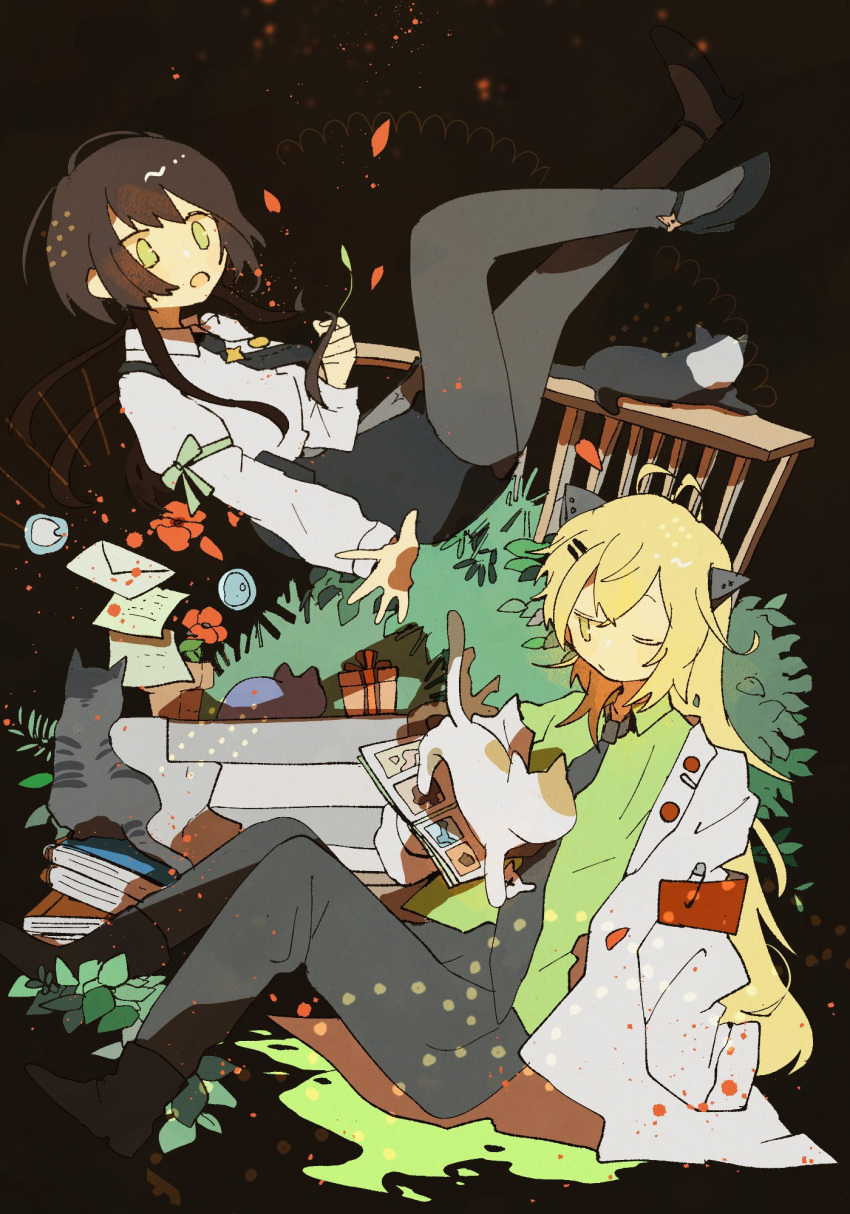 1boy 1girl anemone_(flower) black_cat black_necktie black_skirt blonde_hair brown_background brown_hair calico cat collar_x_malice collared_shirt flower green_eyes green_shirt highres hoshino_ichika_(collar_x_malice) labcoat long_hair long_sleeves miya00san necktie one_eye_closed shiraishi_kageyuki shirt skirt white_shirt yellow_eyes