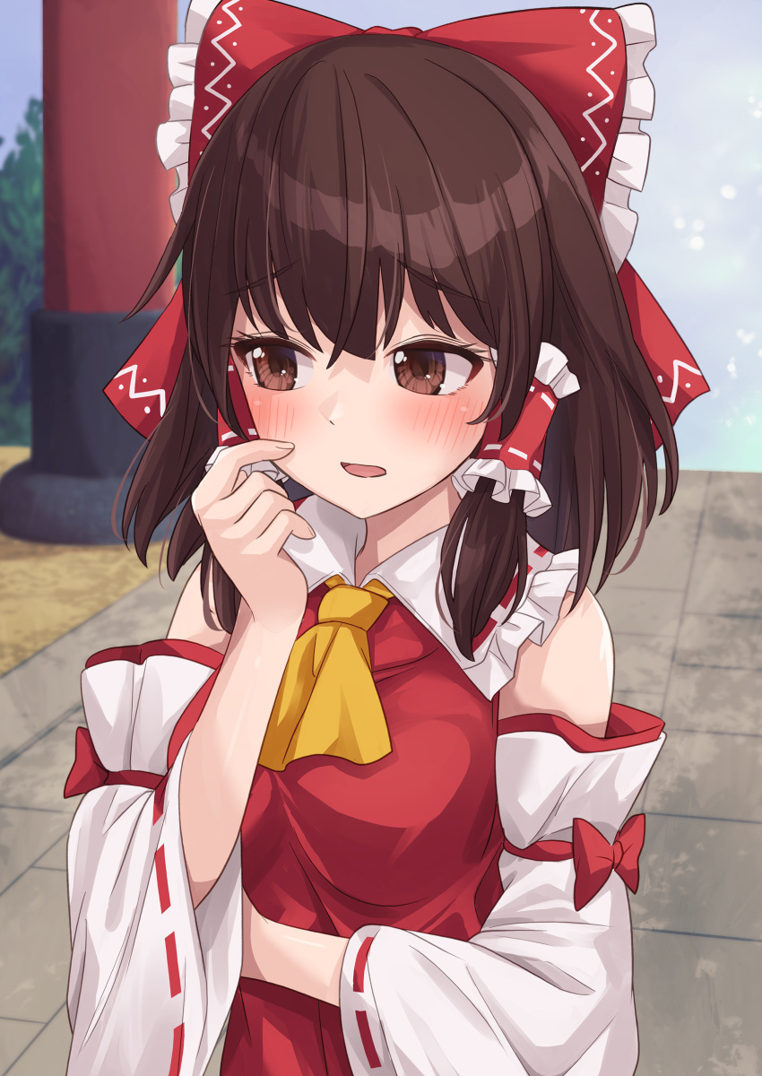 1girl absurdres arm_under_breasts ascot bangs bare_shoulders blush bow breasts brown_eyes brown_hair collar collared_shirt commentary detached_sleeves embarrassed eyelashes frilled_bow frilled_collar frilled_skirt frills furrowed_brow hair_between_eyes hair_bow hair_tubes hakurei_reimu hand_up highres japanese_clothes long_sleeves looking_to_the_side medium_breasts medium_hair miko nontraditional_miko open_mouth outdoors paid_reward_available path ramie_(ramie541) red_bow red_shirt red_skirt ribbon-trimmed_sleeves ribbon_trim shirt sidelocks skirt sleeveless sleeveless_shirt solo straight_hair touhou white_collar white_sleeves wide_sleeves yellow_ascot